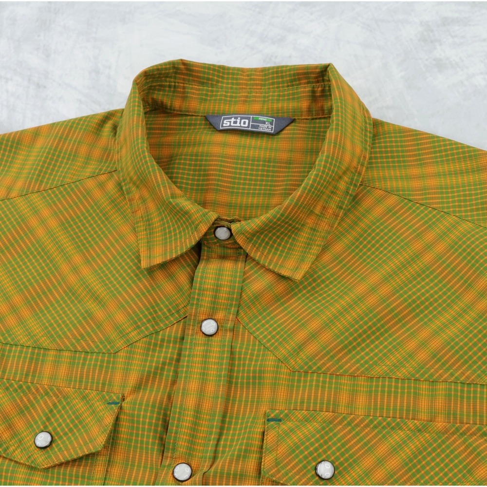 Stio Eddy Shirt Mens XL Green Orange Plaid Short Sleeve Pearl Snap Western